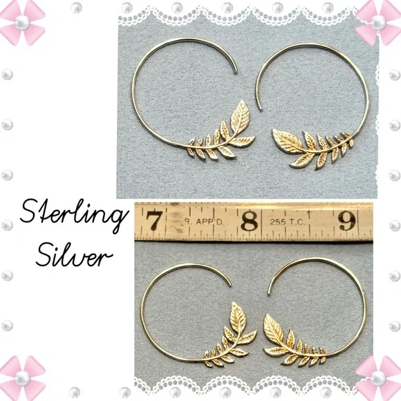Earrings - sterling silver olive leaf 1” hoops - pre-loved - no discoloration - Picture 2 of 10